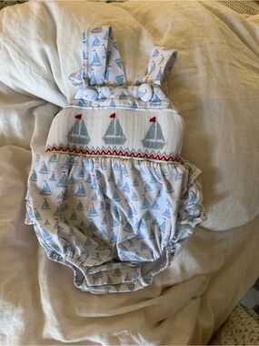 Delaney Smocked Sailboat Romper 0-3M